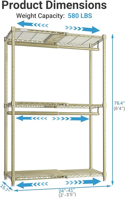 VIPEK X1 Expandable Clothes Rack Heavy Duty Adjustable from 2' to 3'5" with Adjustable Shelves and Hanger Rods, Reach-in & Walk-in Closets Metal Garment Racks Portable Closet, Gold