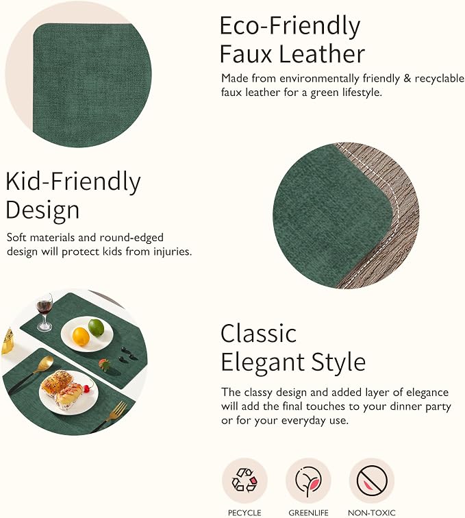 Maxpearl Faux Leather Placemats Set of 4 - Waterproof - Wipe Clean - Heat Resistant - Anti Slip Dining Table Place Mats, Suitable for Indoor & Outdoor Use, 17’’×12’’, Dark Green