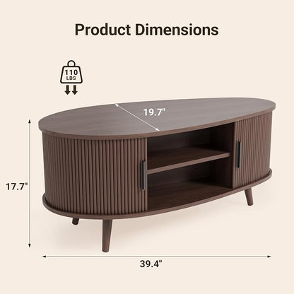 Seang Fluted Coffee Table with Storage,39" Oval Coffee Table with Dual Sliding Doors,Wooden Center Table for Living Room Home Office,Walnut