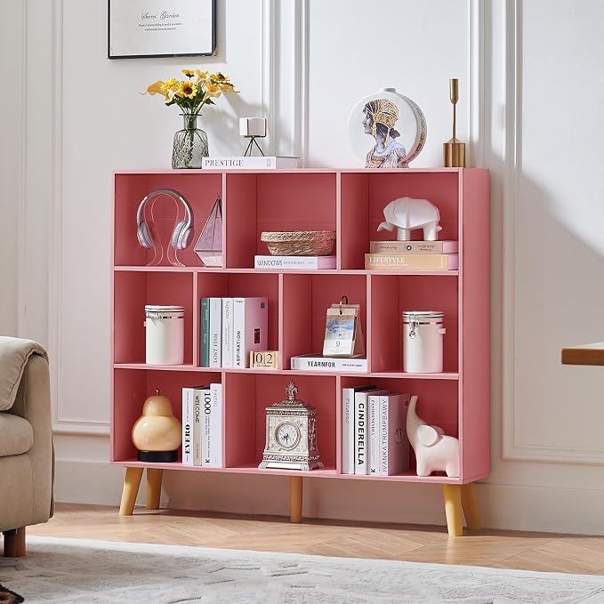 LEYAOYAO 10 Cube Bookshelf,3 Tier Modern Wide Bookcase with Legs,Mid-Century Wood Bookshelves Storage，Light Pink Large Book Case,Freestanding Organizer Display Shelf for Bedroom,Living Room,Office