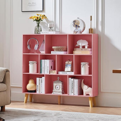 LEYAOYAO 10 Cube Bookshelf,3 Tier Modern Wide Bookcase with Legs,Mid-Century Wood Bookshelves Storage，Light Pink Large Book Case,Freestanding Organizer Display Shelf for Bedroom,Living Room,Office