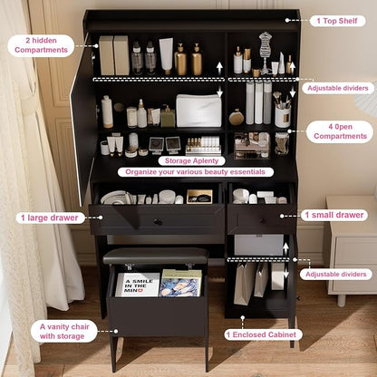 Vanity Table with Hidden Storage & LED Mirror - Includes Padded Stool, 5 Compartments, 2 Drawers & 1 Storage Cabinet - Ideal Bedroom Makeup Dressing Table Black
