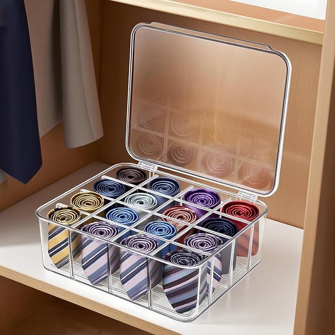 DILIBRA Socks Underwear Drawer Organizer for Closet, 16 Compartment Removable Divided Plastic Clear Sock Storage Box with Lid, Underwear Storage Tie Organizer Box for Bra Socks Ties Scarf Tea Bag