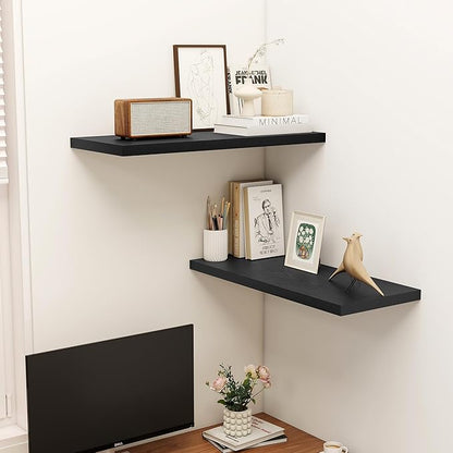 Dreamland 32" Floating Shelves for Wall, 12" Deep Slim Black Floating Shelves, Wall-Mounted Shelves for Bedroom, Living Room, Kitchen, Bathroom - Set of 2