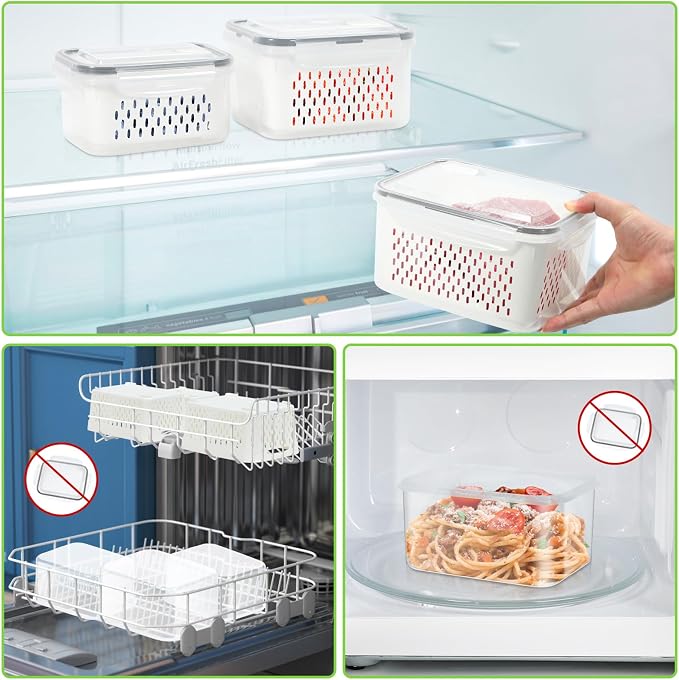 8-Piece Fruit Storage Containers for Fridge, BPA Free Plastic, Airtight with Vent Holes and Removable Colander, Refrigerator Organizer for Vegetables, Meat, Berry