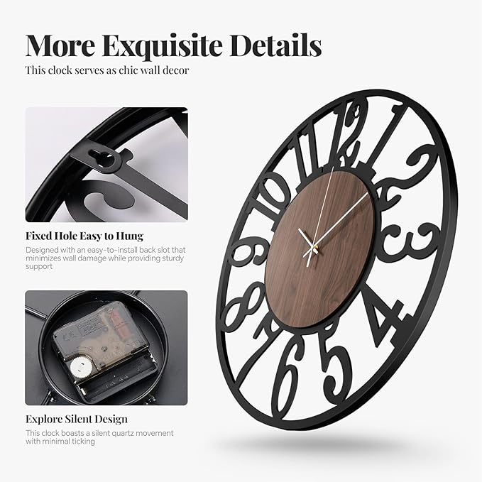 Cuspin Large Wall Clock 24 Inch for Living Room Decor, Silent Non Ticking Battery Operated Black Round Metal and Wood Wall Clock, Modern Farmhouse Rustic Big Clock with Arabic Numerals