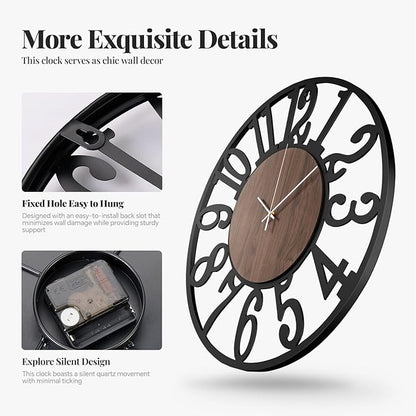 Cuspin Large Wall Clock 24 Inch for Living Room Decor, Silent Non Ticking Battery Operated Black Round Metal and Wood Wall Clock, Modern Farmhouse Rustic Big Clock with Arabic Numerals