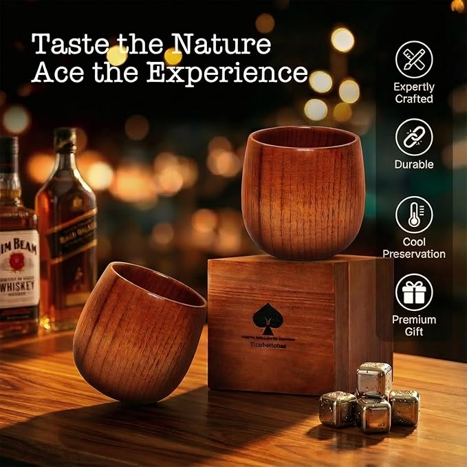 Wooden Whiskey Glasses Set of 2 – Durable Bourbon Glass for Men, Insulated Old Fashioned Glass – Whiskey Gifts for Husband, Dad, Brother – Birthday, Christmas, Father’s Day, Retirement