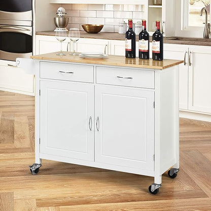NAFORT Rolling Kitchen Island Cart on Wheels, Utility Trolley Cart Bar Serving Cart w/Rubber Wood Top, Handle Rack, Storage Cabinet and Drawers for Home Kitchen Dining Room, White