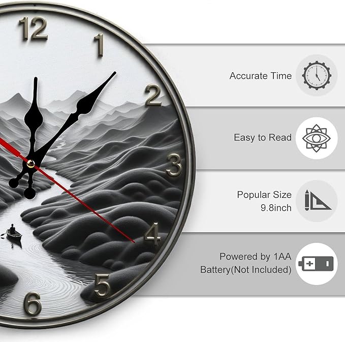 Wall Clock， Serene Landscape Non Ticking Wall Clocks Battery Operated， Grey Wooden Wall Clocks for Kitchen， Living Room， Bedroom， Office， Bathroom Decorative 25 * 25cm