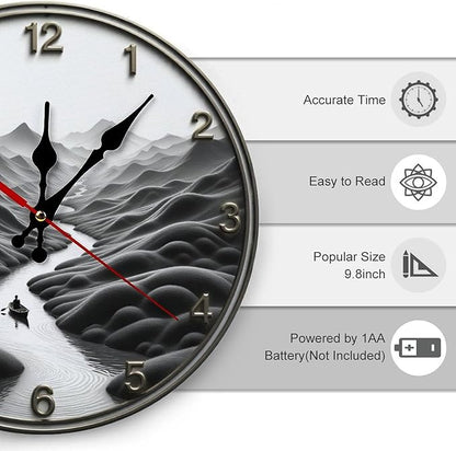 Wall Clock， Serene Landscape Non Ticking Wall Clocks Battery Operated， Grey Wooden Wall Clocks for Kitchen， Living Room， Bedroom， Office， Bathroom Decorative 25 * 25cm