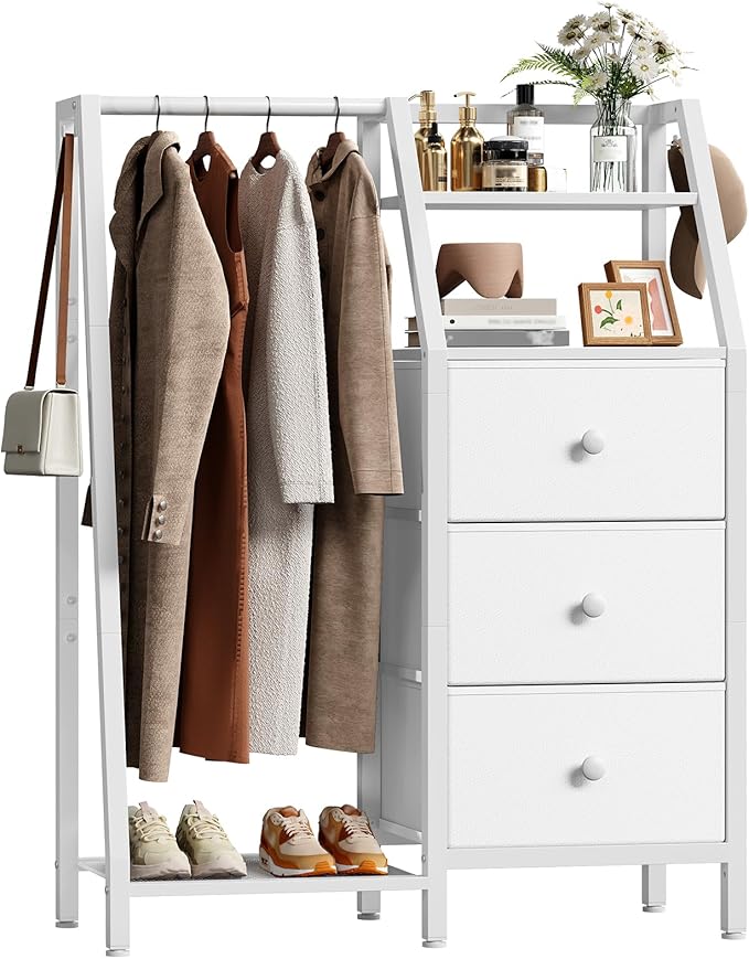 Dresser with Hanging Rack, Reversible Chest of Drawers for Bedroom, 3 Fabric Storage Drawers Dresser with Clothes Rack and Open Shelf, for Closet, Entryway, White