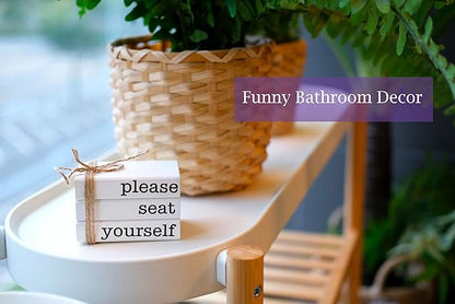 Farmhouse Mini Bathroom Sign Decor Funny Wooden Book Stack for Bathroom Tray Decor Bathroom Shelf Sitter 2 Signs in 1 Reversible Mini Book Set of 3 for Restroom Wooden Rustic Sign
