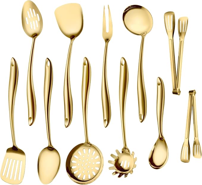 304 Gold Stainless Steel Cooking Utensils Set, 11 PCS Long Large Metal Cooking Utensil Tools Set with Fork, Spatulas, Spoons, Skimmer, Ladle, Pasta Server, Tongs