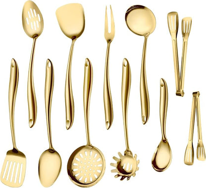 304 Gold Stainless Steel Cooking Utensils Set, 11 PCS Long Large Metal Cooking Utensil Tools Set with Fork, Spatulas, Spoons, Skimmer, Ladle, Pasta Server, Tongs
