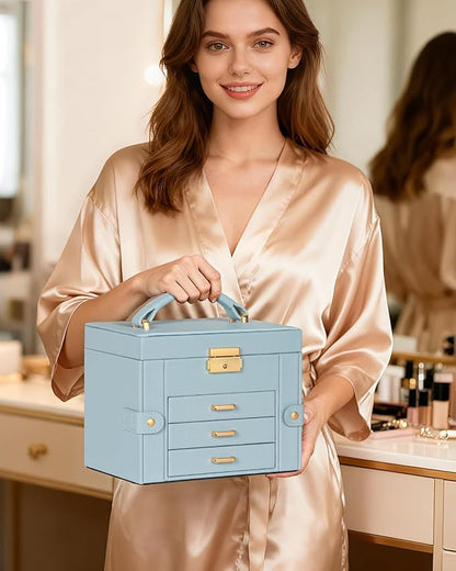 TORIBIO Jewelry Box for Women, Leather Jewelry Organizer with Mirror & Lock, 4-Tier Jewelry Storage Organizer with 3 Drawers for Girls/Women/Mothers, Necklace Earring Bracelets Holder Organizer