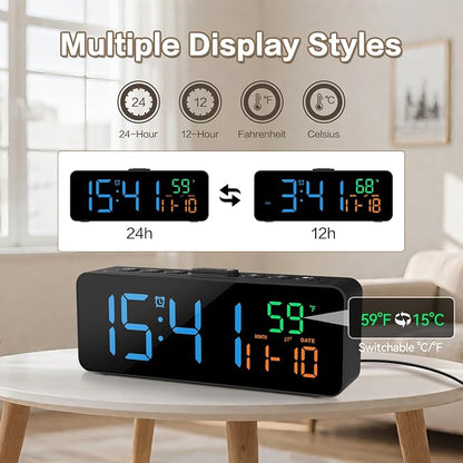 Netzu 3-in-1 Digital Clocks for Living Room with Temperature, Date & Time Display - 4 Levels Birghtness, 3 Volumes, Small & Compact Plug-in Alarm Clock for Bedroom, Office (Blue)
