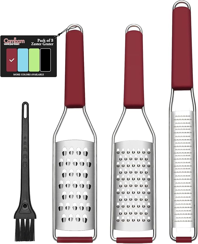 Cambom Cheese Grater Citrus Zester Lemon Zester Pack of 3-304 Stainless Steel - A Sharp Tool for Parmesan Cheese, Ginger, Garlic, Nutmeg, Chocolate, Vegetables，Fruits，Dishwasher Safe Red