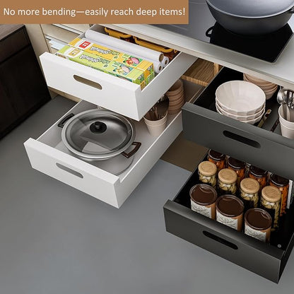 HBL' 1 Pack | 21" Deep Pull Out Cabinet Organizer Adhesive, 12-Inch Wide Sturdy Carbon Steel Roll-Out Drawers, Designed for Frameless Cabinets, Slide-Out Shelves for Pantry.