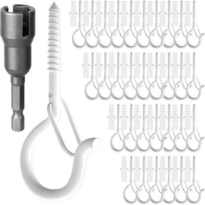 32Pcs Q-Hanger Hooks with Safety Buckle, Windproof Screw Hooks for Hanging Outdoor String Lights, Plants, Christmas Decorations, Includes Wing Nut Driver, White