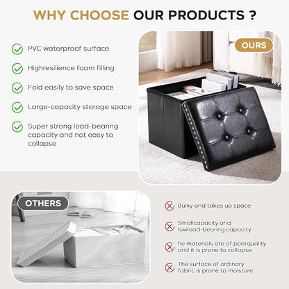 oakvivo Small Storage Ottoman Foot Rest Stool, 16x12x12 in Foldable Leather Footstool Storage Bench with Rivet Design, Thicker Foam Padded Seat, Footrest Under Desk for Living Room Bedroom, Black