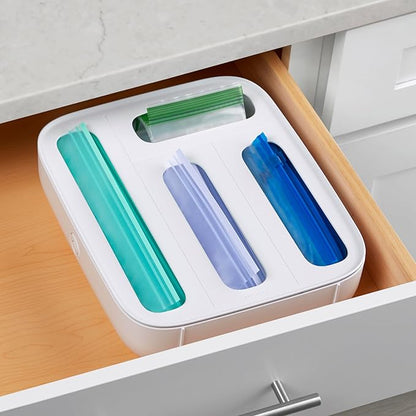 YouCopia StoraBag Drawer Food Bags Dispenser, 4-Slot, Plastic Sandwich Bag Organizer for Kitchen Storage, White