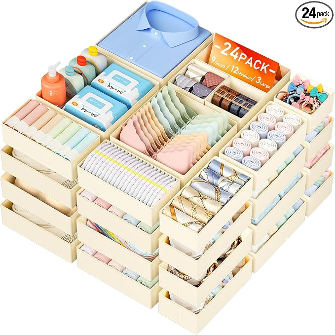 DIMJ Drawer Organizer Clothes Storage - 24 Pack Baby Dresser Organizer for Nursery Closet Organization, Fabric Drawer Organizer Bins for Underwears Socks Bras, Foldable Storage Dividers for Bedroom