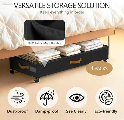 Under Bed Storage with Wheels 2-Pack, 75L XXL Under the Bed Storage Containers Large, 12" Tall Adjustable Storage for Underbed with Lids, Rolling for Clothes, Shoes, Blankets (4PCS-Black)