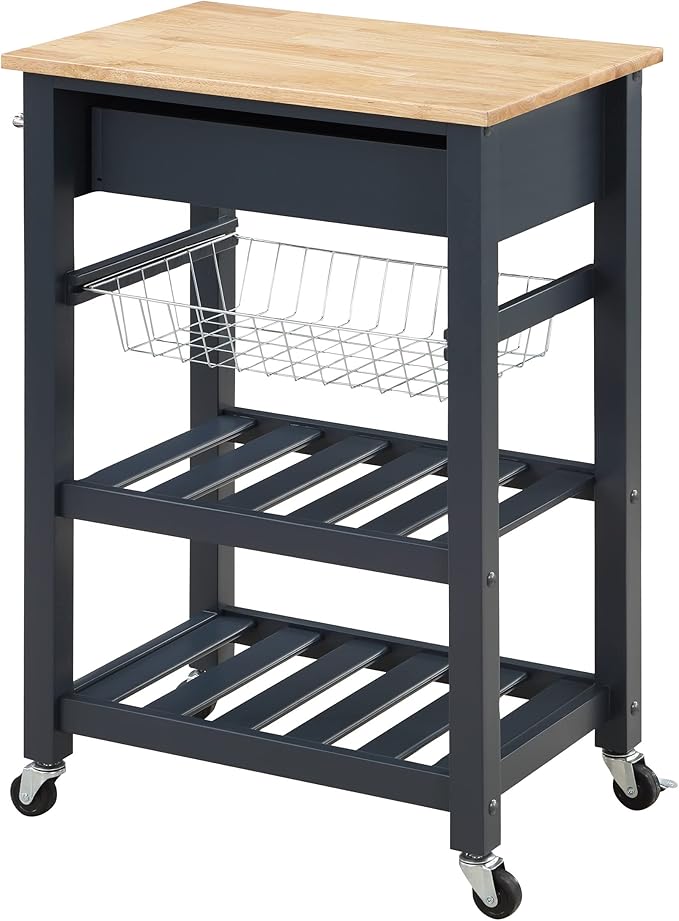 OSP Home Furnishings Hampton Kitchen Cart with Wood Top, Utensil Drawer, Under Cabinet Basket, and 2 Slatted Shelves, Blue Stone Base