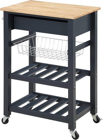 OSP Home Furnishings Hampton Kitchen Cart with Wood Top, Utensil Drawer, Under Cabinet Basket, and 2 Slatted Shelves, Blue Stone Base