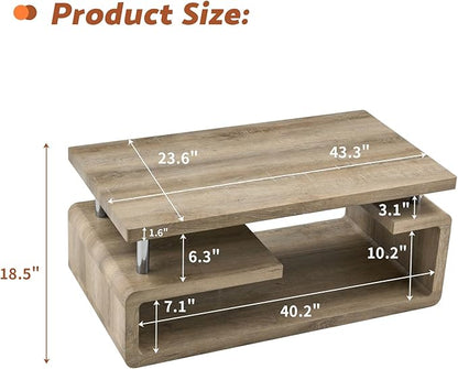 43.5" Coffee Table, 3-Tier Modern Center Table with Storage, Large Wood Coffee Table for Living Room, Office, Apartment (Retro Wood Grain)