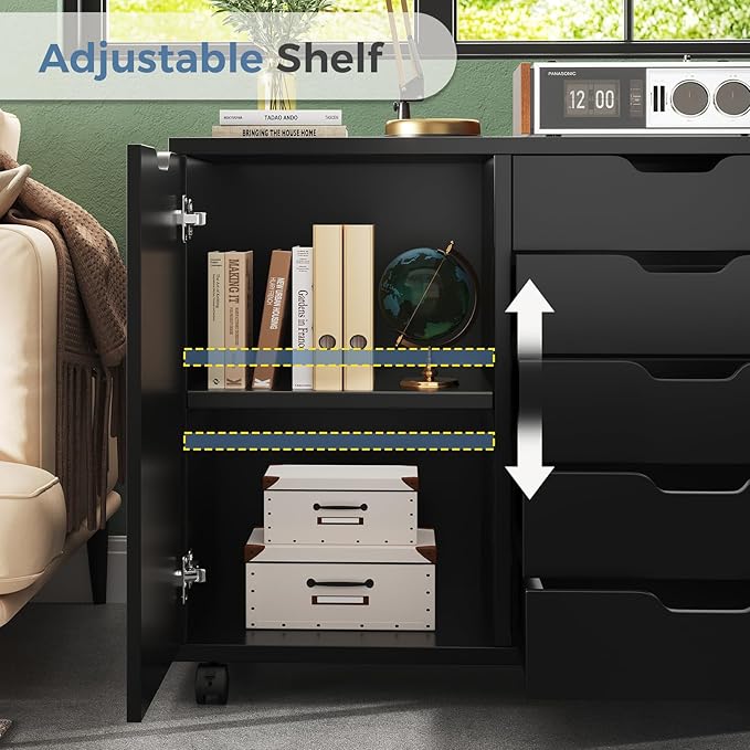 DUMOS 5 Drawer File Cabinet Office Drawers Organizer with Wheels, Under Desk Cabinets with Shelves and Door Printer Stand with Wood Board Metal Frame for Home Office Storage Craft Room, Classic Black
