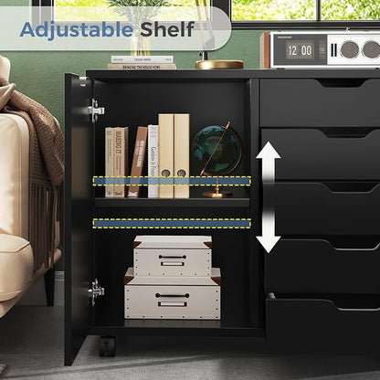 DUMOS 5 Drawer File Cabinet Office Drawers Organizer with Wheels Rolling, Under Desk Cabinets with Shelves and Door Printer Stand with Wood Board Metal Frame for Home Office Storage Craft Room, Black