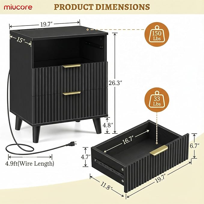 Black Nightstand, 20 inch Fluted Modern Night Stand with Charging Station, Wooden Side Table with 3 Large Storage Drawers Modern Wood Bedside End Table for Bedroom Sofa Office