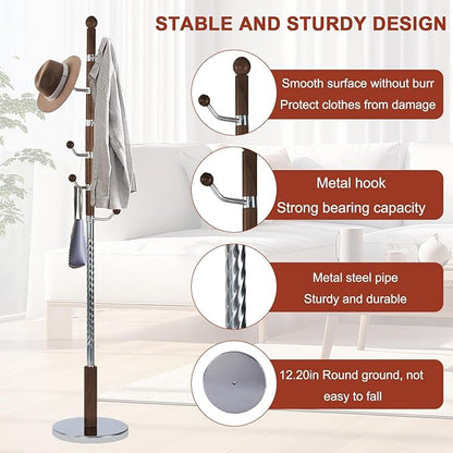 Wooden Coat rack freestanding, Coat racks stand with 6 Hook, Heavy duty coat tree standing Adjustable Heights for Bedroom, Entryway, Hallway, Office, Metal Base (Walnut)