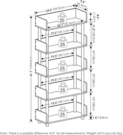 Furinno TURN-N-TUBE 5-Tier Display Shelf, Storage Shelves, Book Shelf, Open Shelves with Rounded Corner Top Edges, for Organization and Storage, Living Room, Home Office, Espresso