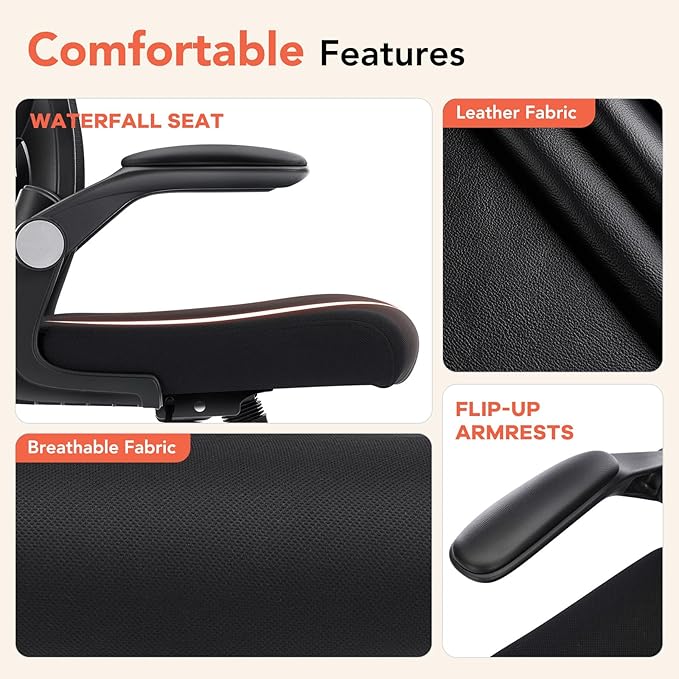 Ergonomic Office Chair, Computer Desk Chair with Adjustable Lumbar Support, Breathable Mesh Office Chair with Flip-up Armrests, Rocking Function, Comfy Home Office Desk Chair, Black