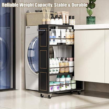 KLM 4 Tier Black Slim Storage Cart with Handle, Slide Out Storage Rolling Utility Cart for Kitchen, Laundry, Narrow Places-6.7" W