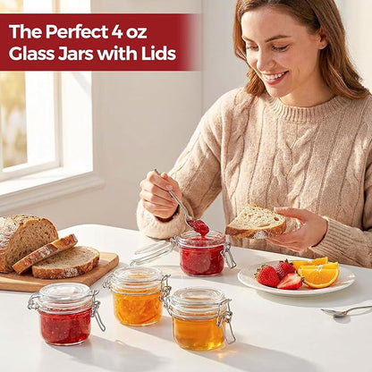 Mini Jam Jars, 4oz Small Glass Jars with Airtight Lids (Set of 6), Leakproof Mason Jars with Gift Labels & Hemp Rope, Straight-Sided for Homemade Preserves, Honey, DIY Crafting, Wedding Favors
