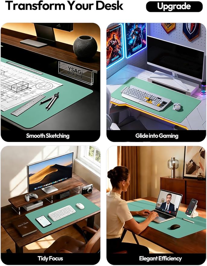 YSAGi Leather Desk Protector, Office Mat, Large Mouse Mat, Non-Slip PU Leather Blotter, Laptop Desk Pad, Waterproof Writing Pad for Office and Home (Green-Blue, 47.2" x 23.6")