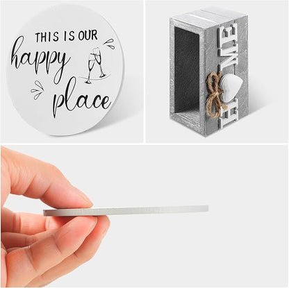 Queekay Coasters Set of 6 House Warming Gifts New Home Wooden Farmhouse Drink Coasters with Holder 4'' Funny Decoration for Kitchen Family Coffee Bar Tabletop Protection(White,Gray)