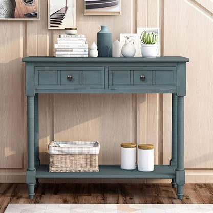 Knocbel 35.5 Inch Antique Entry Console Table with Drawers & Bottom Open Shelf, Solid Wood Sofa Couch Table for Entryway Hallway Living Room (Navy)