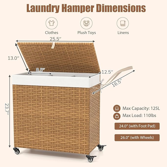 GOFLAME Laundry Hamper with Lid and Wheels, 125L Hand Woven Rattan Laundry Basket with 3 Divided Sections, Handles, 2 Removable and Washable Liner Bags, Dirty Clothes Hamper for Bedroom (Natural)
