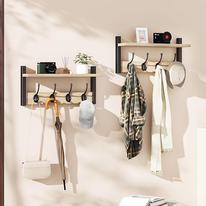 YMYNY 31.5" Coat Rack Wall Mount with Shelf, 2 in 1 Key and Coat Hanger with 8 Metal Hooks, Wall Shelf with Hooks & Mail Holder for Living Room, Bedroom, Light Natural, HWS001R-2
