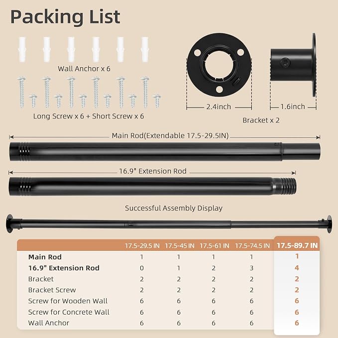 STORAGE MANIAC Closet Rods for Hanging Clothes 17.5 to 89.7 Inches Heavy Duty Stepless Adjustable Closet Hanging Rod 1.2 Inch Diameter Metal Closet Rod for Wardrobe Bathroom Bedroom Laundry RV, Black