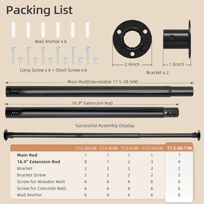 STORAGE MANIAC Closet Rods for Hanging Clothes 17.5 to 89.7 Inches Heavy Duty Stepless Adjustable Closet Hanging Rod 1.2 Inch Diameter Metal Closet Rod for Wardrobe Bathroom Bedroom Laundry RV, Black