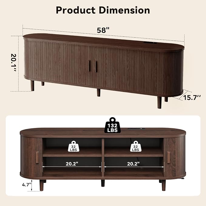 58" Mid Century Modern TV Stand with Power Outlet, Fluted Entertainment Center with Storage and Adjustable Shelves, Wood TV Console with Sliding Doors for Living Room, Walnut