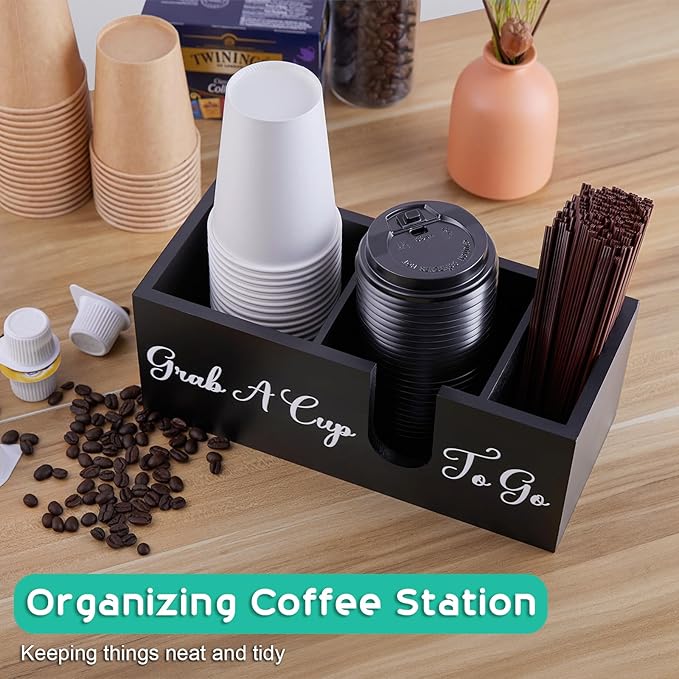 ALELION Coffee Cup Holder for Countertop - Wood Coffee Bar Accessories and Organizer - Coffe Station Organizer for Cup Lid Stirrers Pod