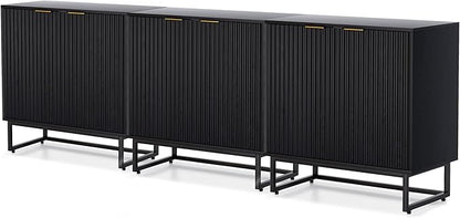 Fluted Storage Cabinets Set of 3, Sideboard Buffet Cabinet Modern Accent Cabinet with Adjustable Shelves, Credenza, Console Table Entryway Cabinets for Living Room, Black