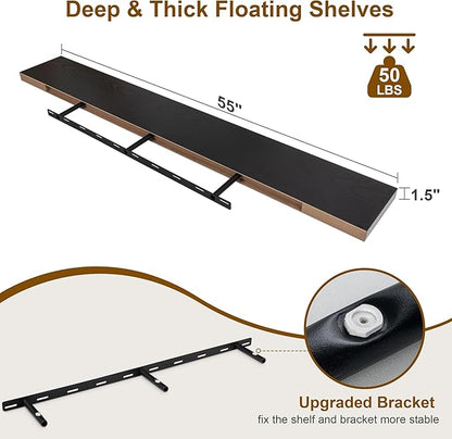 Fun Memories Floating Shelves for Wall, 55Inch Floating Shelves Set of 2, Hanging Shelf with Invisible Brackets, Wood Shelves for Living Room, Bedroom, Kitchen, Black